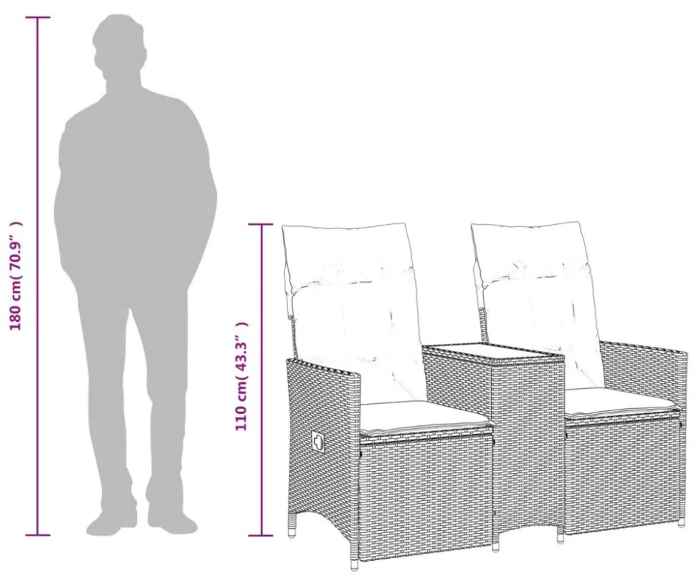 2 személyes barna polyrattan dönthető kerti kanapé asztallal