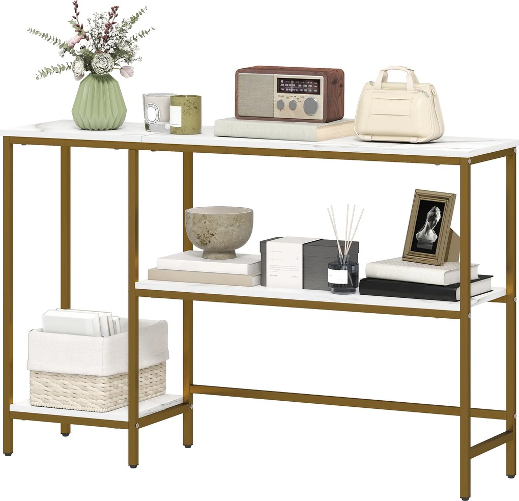 HOMCOM konzolasztal 120 x 30 x 76,5 cm, 3 polcos, márványhatású lapok, fém váz, előszoba & folyosó | Aosom