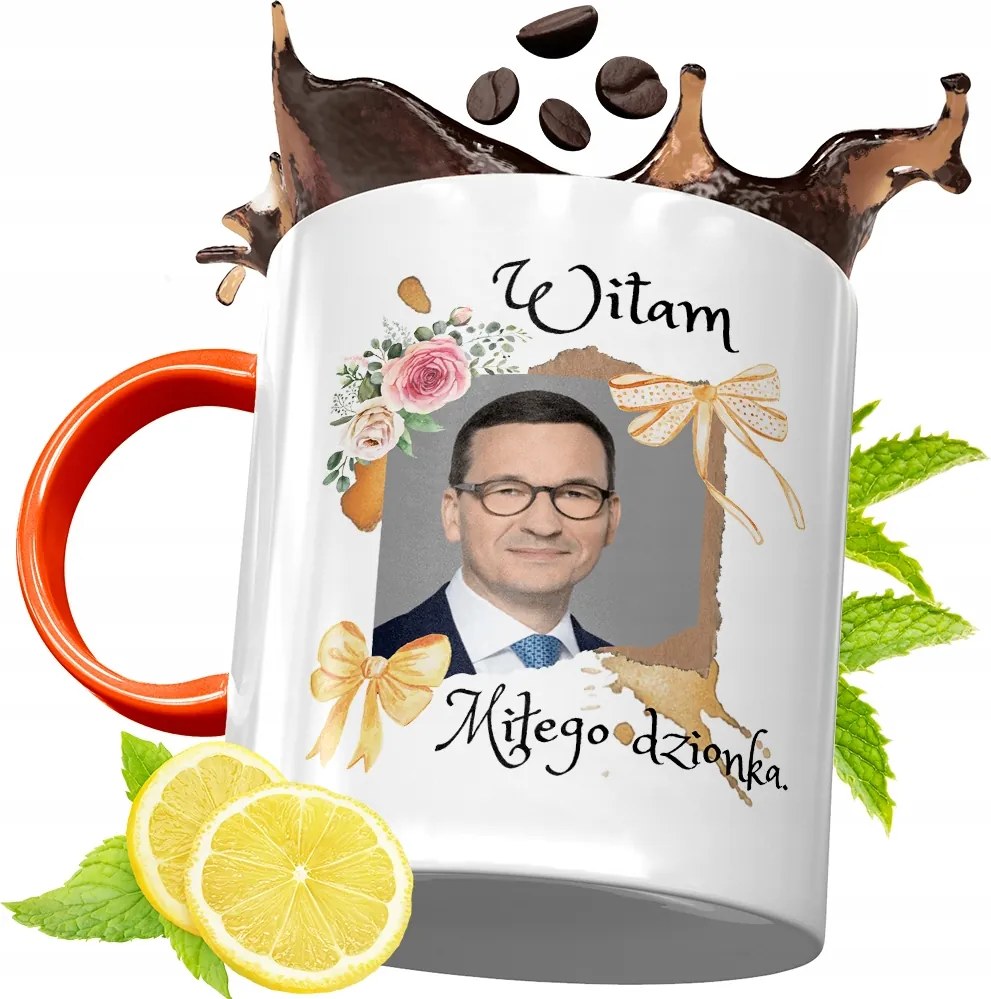 Narancssárga Bögre Mateusz Morawiecki Ajándék fényképes nyomtatással