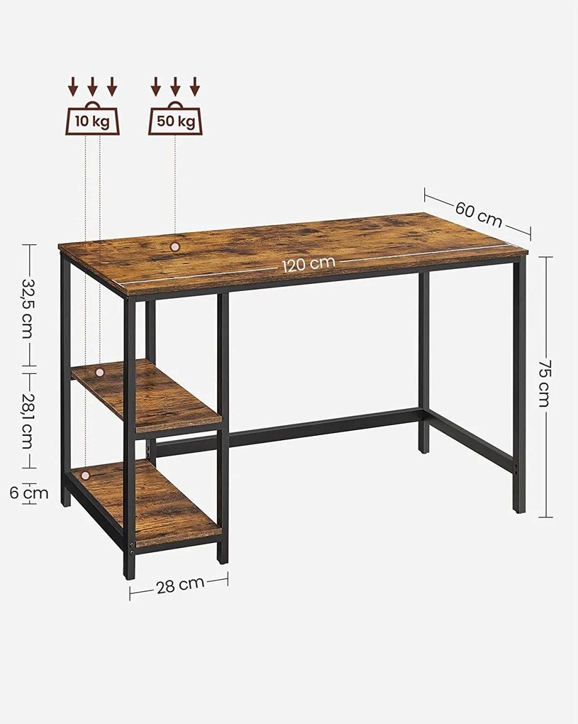 Íróasztal 120x60 cm, számítógépasztal 2 polccal bal vagy jobb oldalon