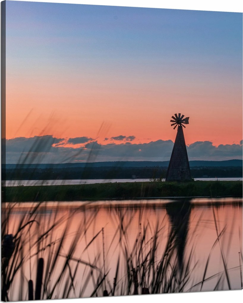 Vászonkép Szélmalom Ég Természet Naplemente Tó Fű 80x100