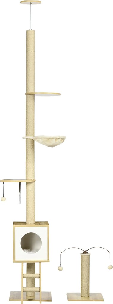 PawHut Padlótól a Mennyezetig Terjedő Macska Fa 225-285 cm Kicsi Macska Fa Állítható Magasságú Platformokkal,Hintaágy,Zsineges Oszlop,Rampa és Játék G