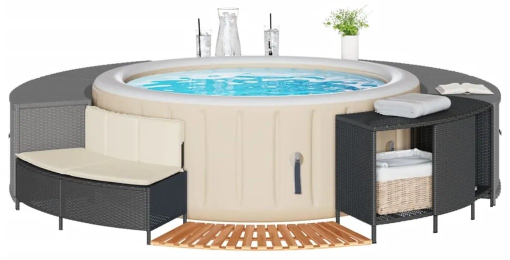 fekete polyrattan és tömör akácfa jakuzzi-keret