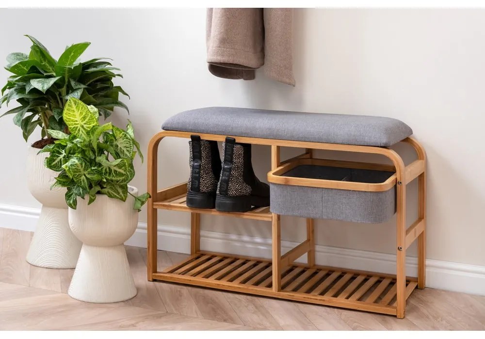Bench bambusz cipőtartó szürke ülőrésszel, szélesség 70 cm - Leitmotiv