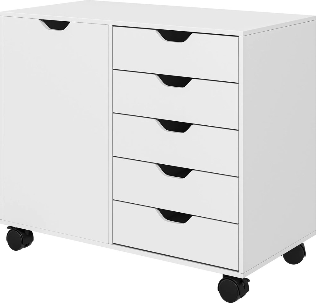 HOMCOM Irodai Tárolószekrény 5 Fiókkal és 1 Nyomtatóállvánnyal, Görgős, Állítható Polccal, 78 x 40 x 66,5 cm, Fehér | Aosom