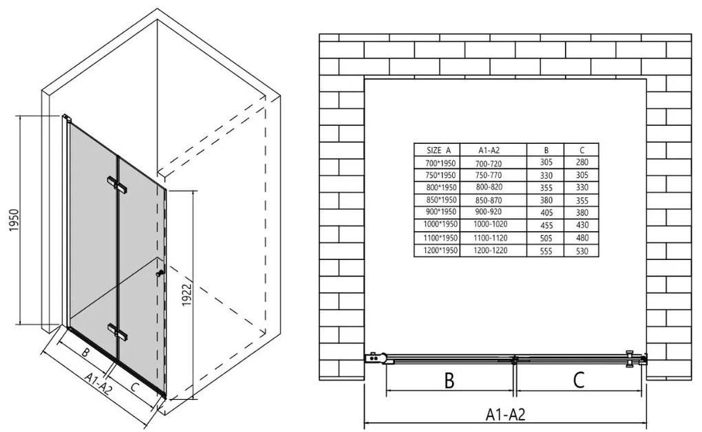 Erga Berlin, nyitható zuhanyajtó 100x195 cm, 6 mm átlátszó üveg, fekete profil, ERG-V02-BERLIN-D100-BK