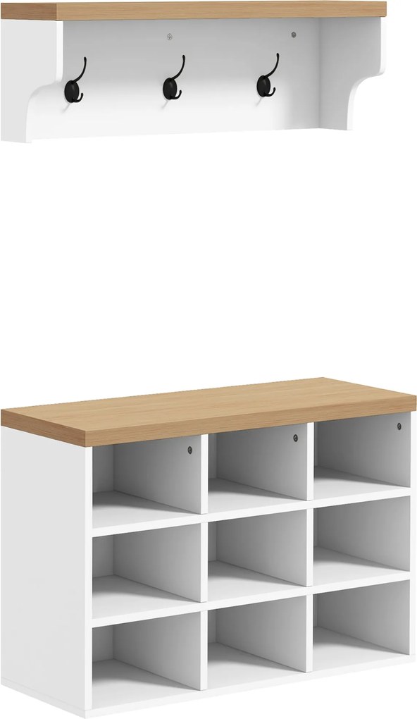 HOMCOM Előszoba Kabát állvány és Cipő Padozat 2 az 1-ben Előszobai Bútor 3 Fogantyúval és Polcokkal 9 Pár Cipőnek 75x30x50 cm és 75x20x22.5 cm Fehér |