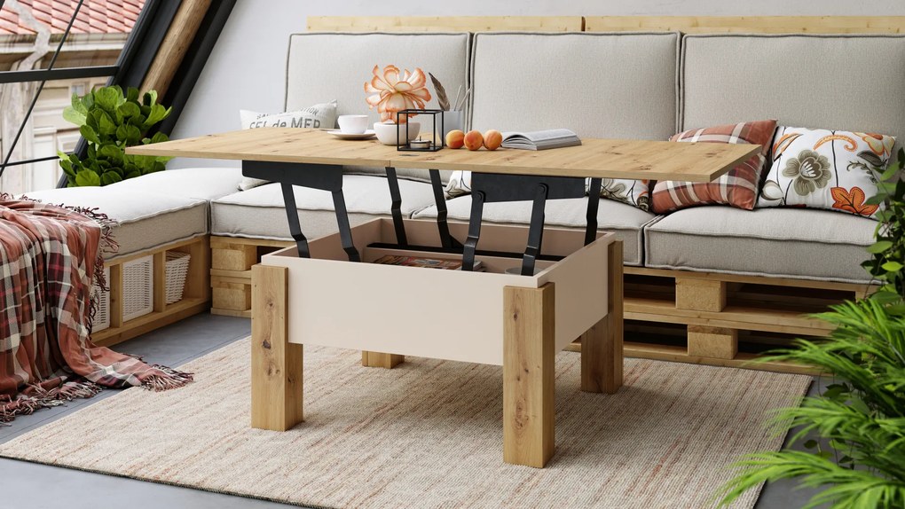 Mazzoni OSLO Artisan Tölgy/Bézs (Pezsgő) - NYITHATÓ/MAGASÍTHATÓ DOHÁNYZÓASZTAL ÉTKEZŐASZTAL ÉS DOHÁNYZÓASZTAL EGYBEN