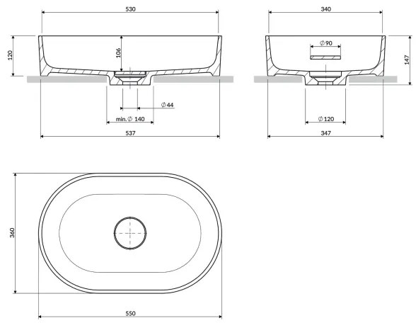 OMNIRES OVOUNBM - OVO 55x36 cm dolomit mosdó, matt fehér, pultba szerelhető