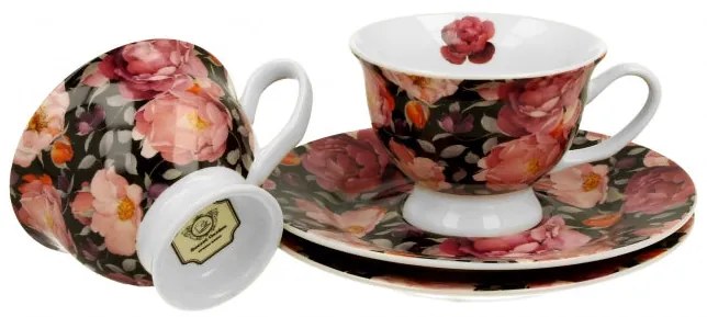 Rózsás porcelán kávés csésze aljjal két személyes szett Spring Roses Black