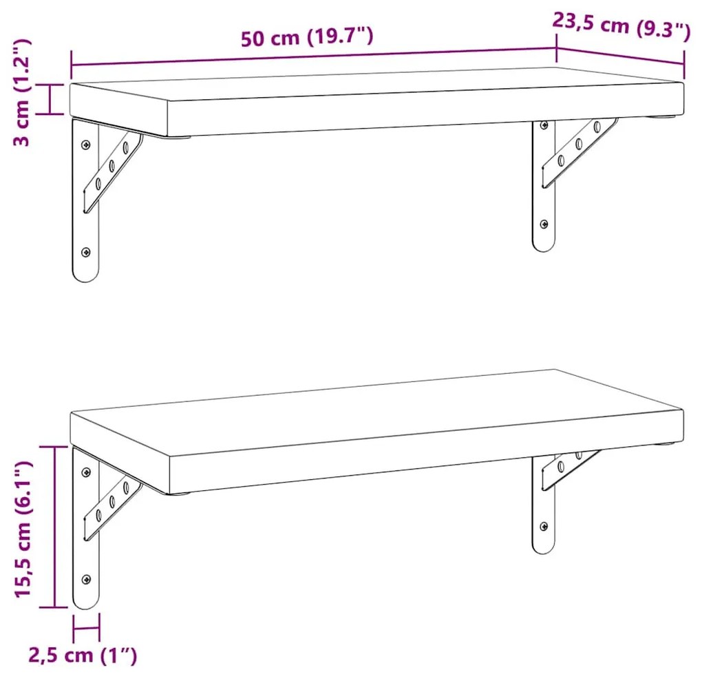 2 db ezüstszínű rozsdamentes acél fali polc 50 x 23,5 cm