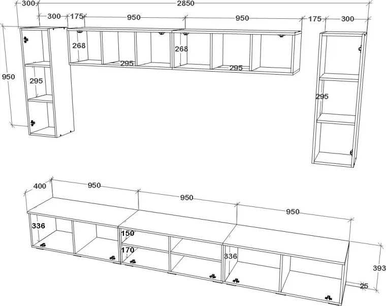 Kos V6 nappali szekrénysor, Fekete / Fényes fehér, MDF, 285 cm