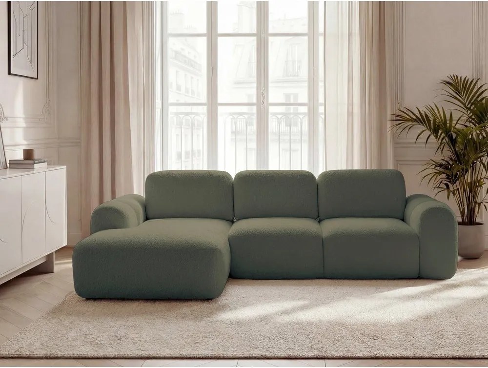 Zöld buklé kinyitható-tárolóhelyes sarokkanapé (bal oldali-heverő résszel) Montaigne – Bobochic Paris