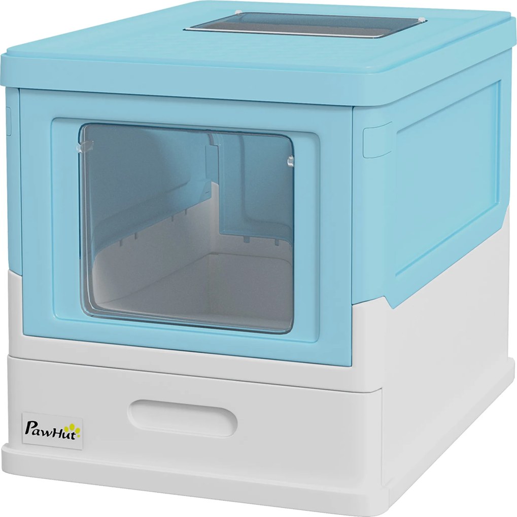 PawHut Összecsukható Macska Alomdoboz Zárt Macska Alomdoboz Leválasztható Fedéllel, Kivehető Tálcával, Nyitható Felső Ajtóval és Kanállal, 47.5x35.5x3