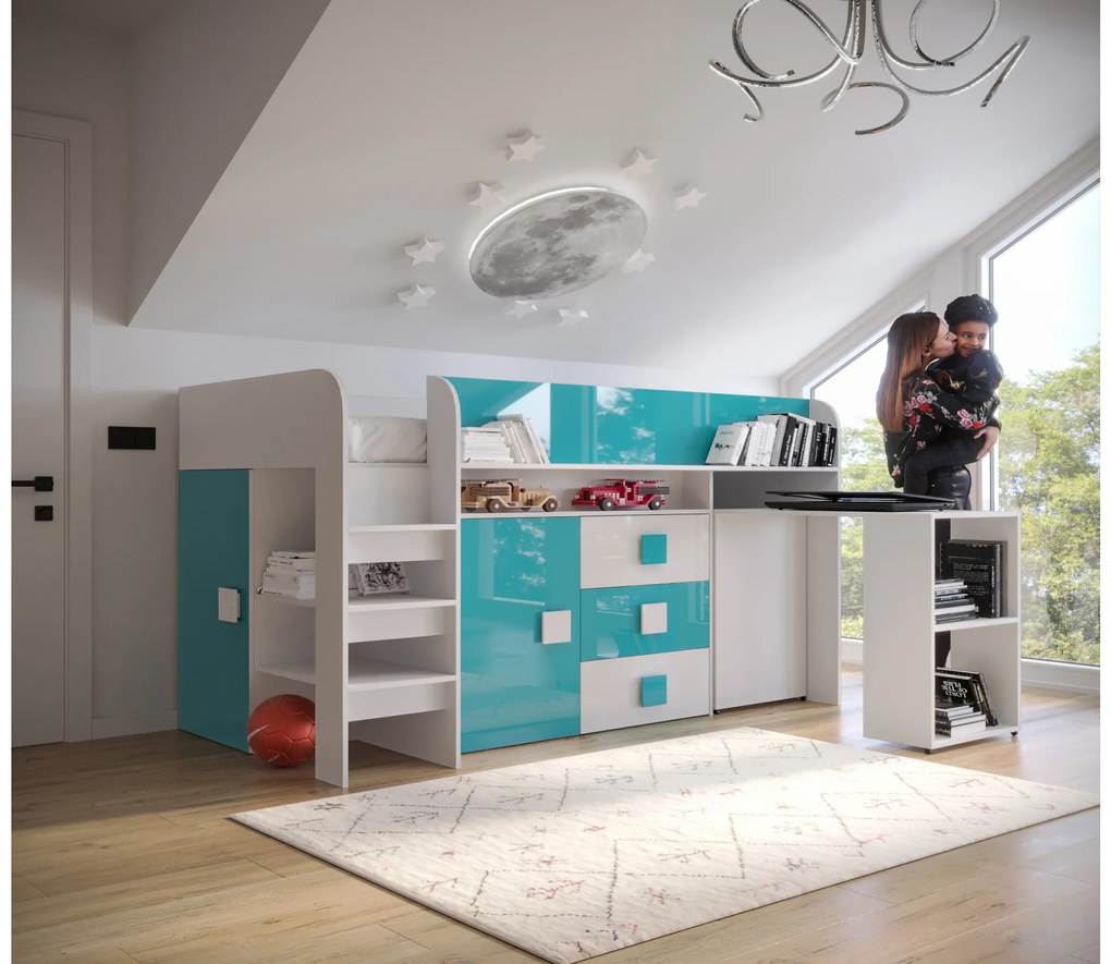 Kombinált gyerekágy 90 cm Toreno 1 (fehér + fényes fehér + fényes türkiz). 1083303