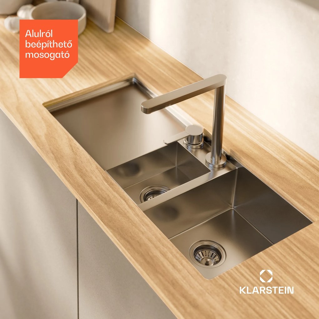Klarstein TitanSteel konyhai mosogató lefolyóval, 100 x 45 cm, 2 mosogató, rozsdamentes acél, hőálló