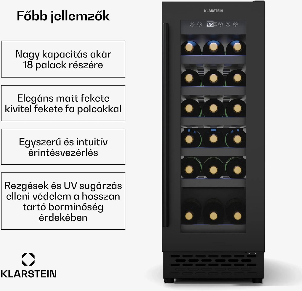 Klarstein Vinovilla 18 Uno borhűtő, 1 hűtési zóna, 18 palack, fa polcok, 5-18 °C