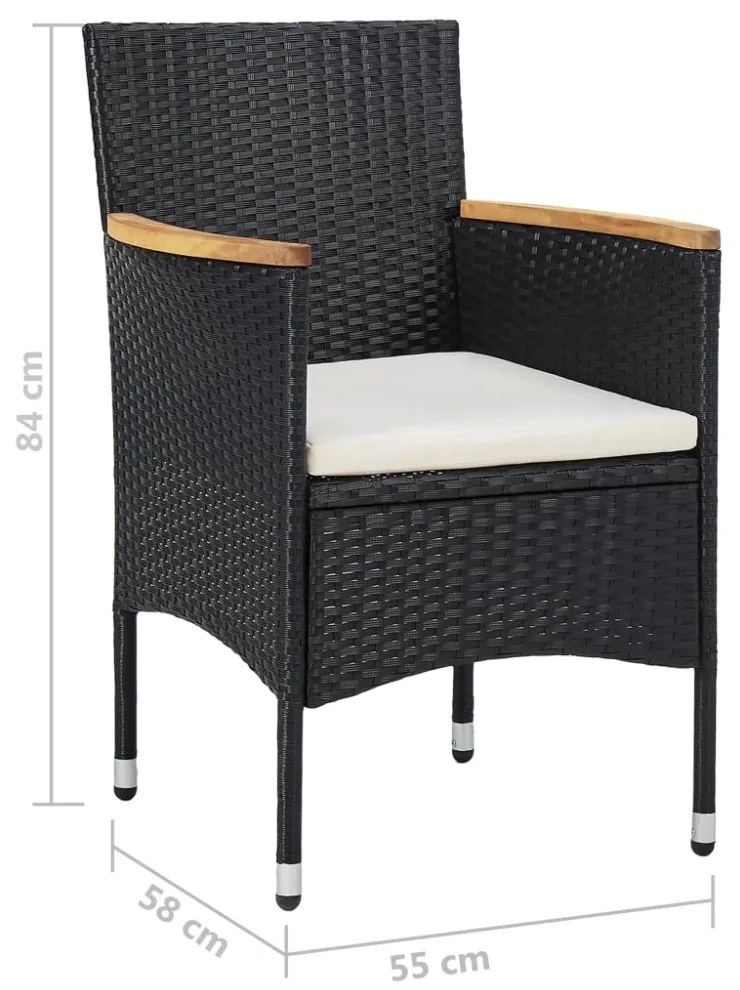 5 részes fekete polyrattan és tömör fa kerti étkezőgarnitúra