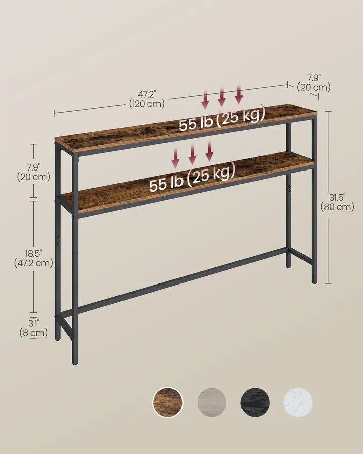 Előszobai konzolasztal, 2 szintes, rusztikus barna és fekete színben