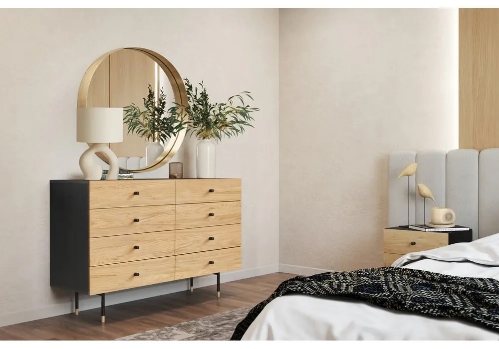 Fekete-natúr színű alacsony komód tölgyfa dekorral 130x87 cm Jugend – Woodman