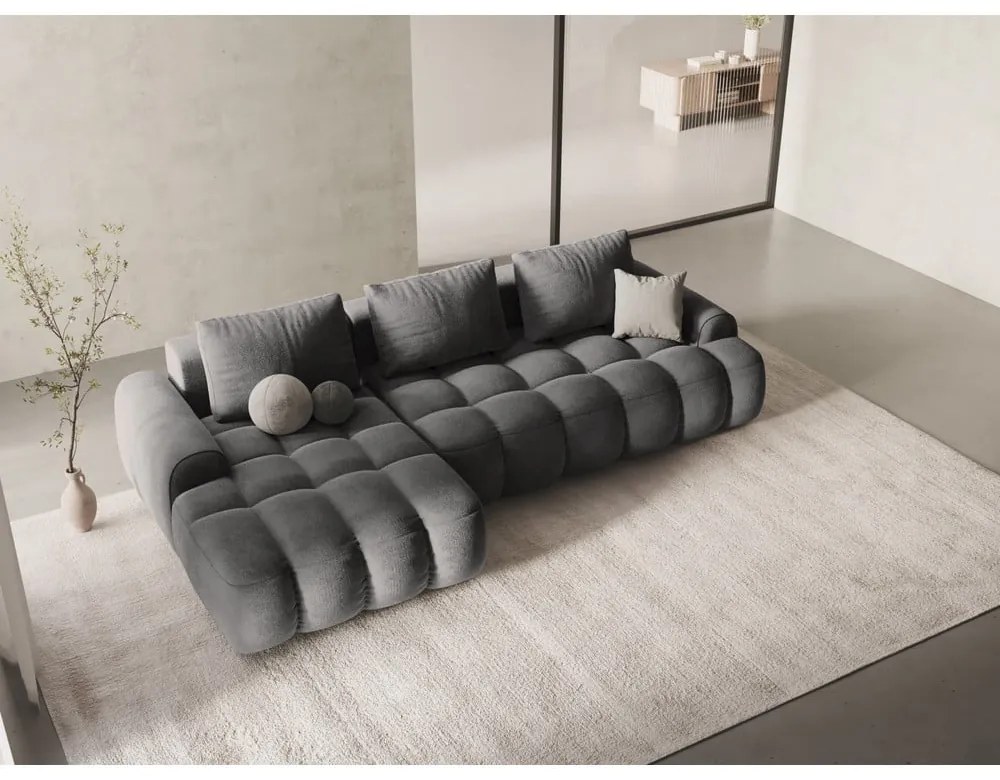 Szürke bársony kinyitható-tárolóhelyes sarokkanapé (bal oldali-heverő résszel) Linz – Cosmopolitan Design