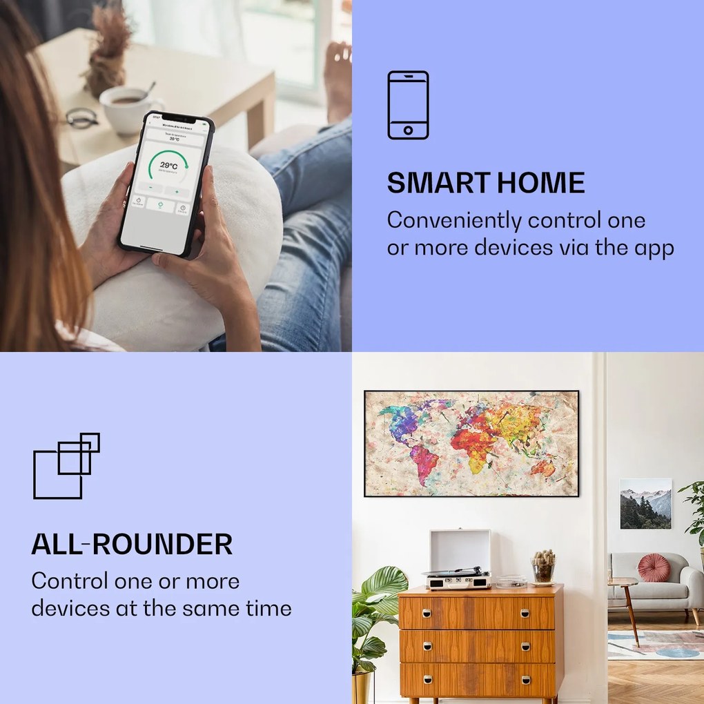 Klarstein Wonderwall Air Art Smart, infravörös hősugárzó, 120 x 60 cm, 700 W, színes térkép