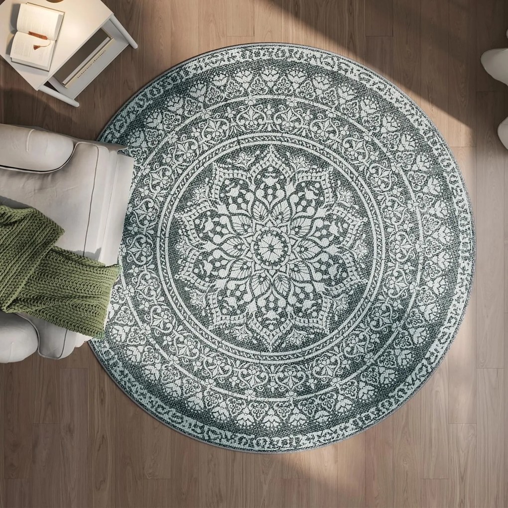 Kerek Szőnyeg, Kültéri Szőnyeg, Boho, 160 cm átmérő, Mosható, Antracitszürke