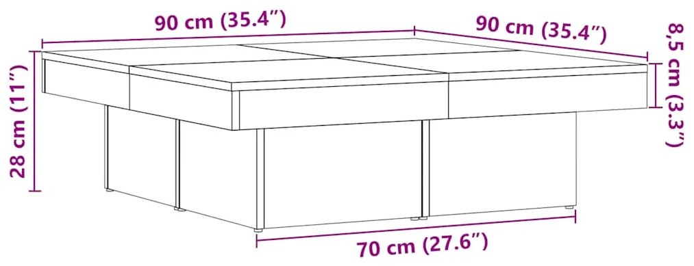 antik fa színű szerelt fa dohányzóasztal 90 x 90 x 28 cm