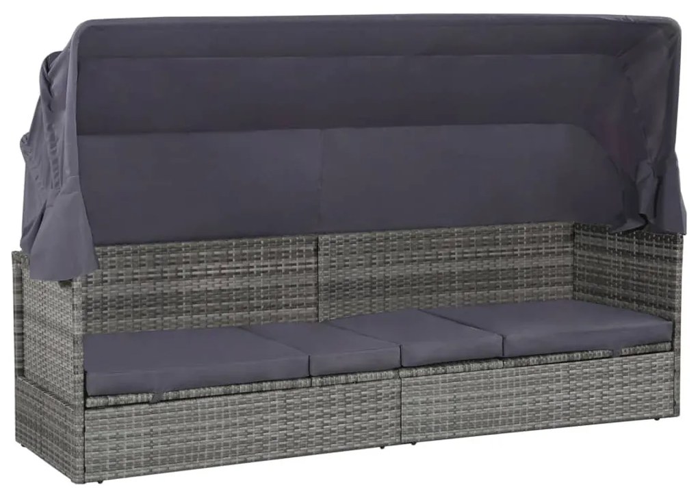 Szürke polyrattan napellenzős kerti ágy 205 x 62 cm