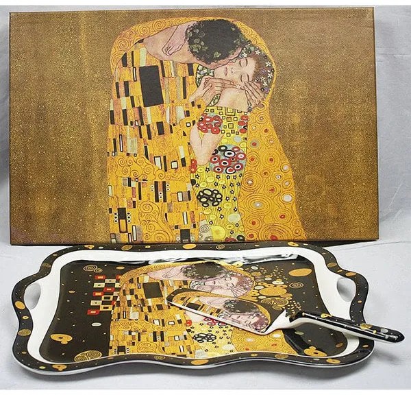 Klimt porcelán süteményes kínáló tálca lapáttal A Csók Black
