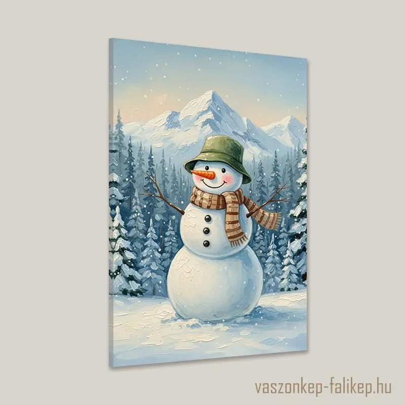 Vidám hóember az erdőben vászonkép – téli hangulat otthonra 40x60cm