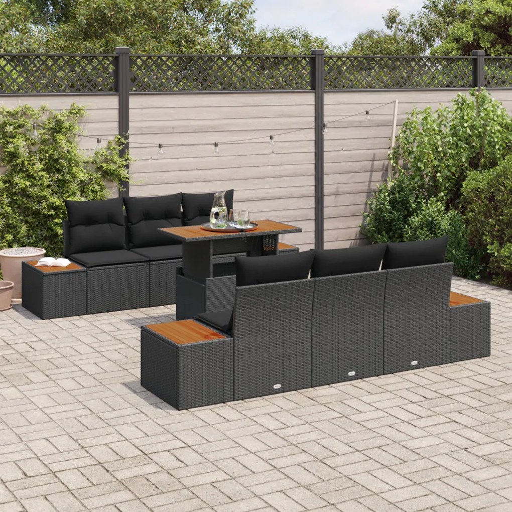 7 Pieces Kerti Kanapé Szett Párnákkal Fekete Poli Rattan