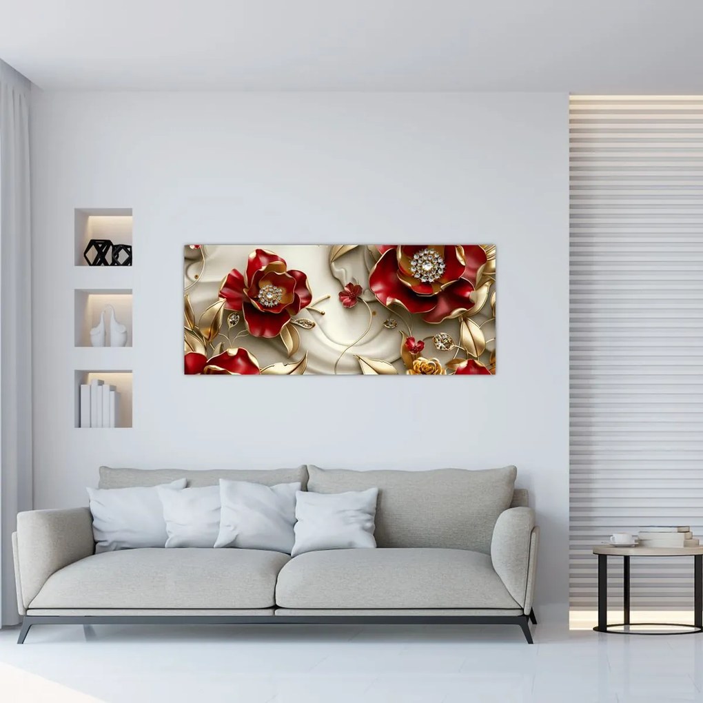 Kép - 3D piros-arany virágok (120x50 cm)