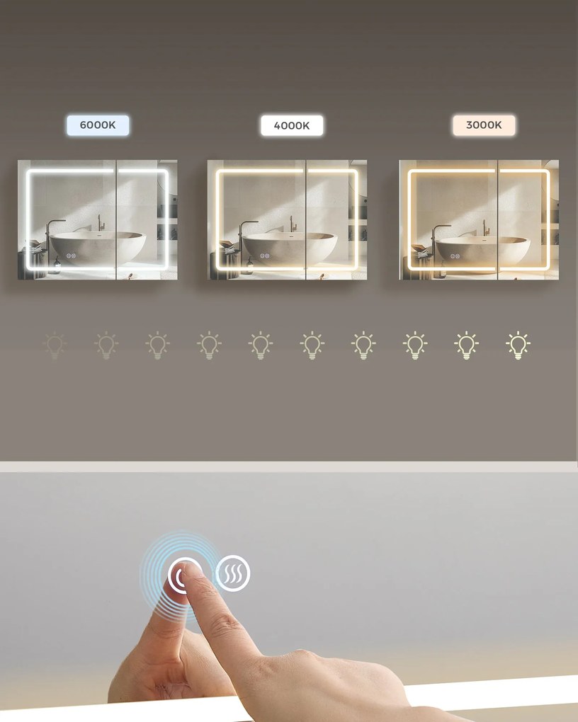 Fürdőszobai faliszekrény tükörrel és LED világítással, 16,5 x 80 x 60 cm, fehér