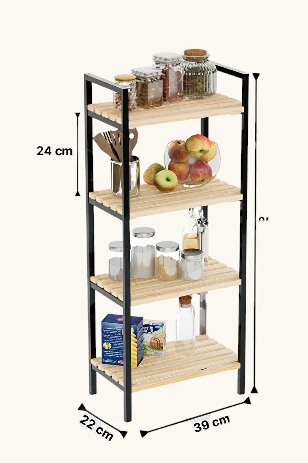 Ahşap Çıtalı 4 Katlı Mutfak Rafı - Beige, Black