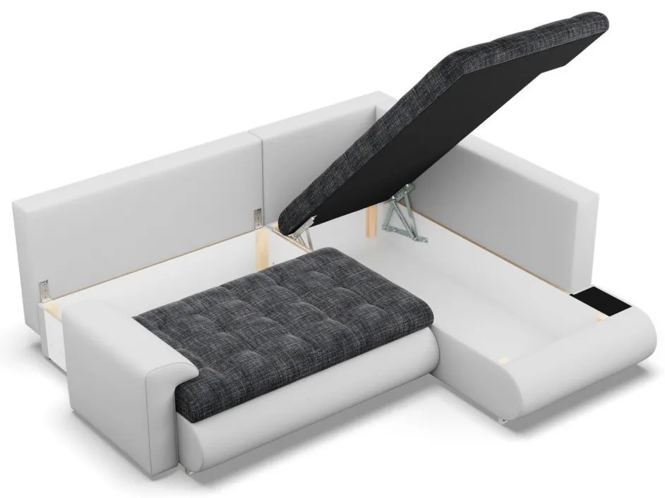 Tokio sarokkanapé, L alakú háttámlával, 2 ágyneműtartóval, fonott + műbőr, jobboldali, sötétszürke - fehér