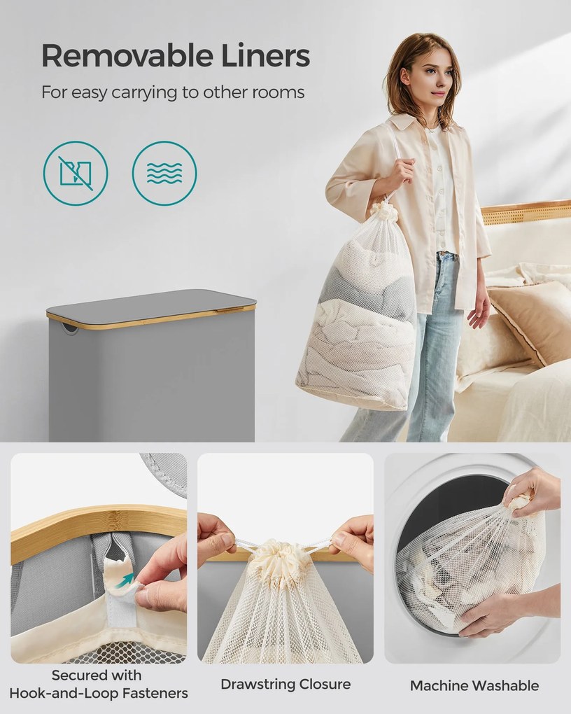 Fedeles, 3 rekeszes mosókosár, 150L, levehető bélés, összecsukható, galambszürke