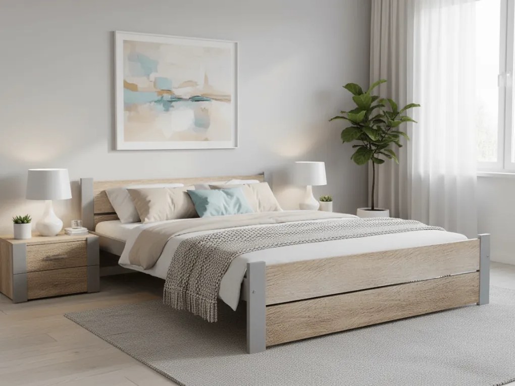 Ágy IKAROS DOUBLE 160 x 200 cm, sonoma tölgy/szürke Ágyrács: Léces ágyrács, Matrac: Deluxe 10 cm matrac