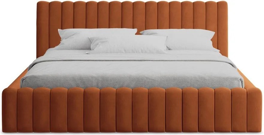 Terrakotta színű kárpitozott ágyneműtartós franciaágy ágyráccsal 160x200 cm Lemi – Makamii