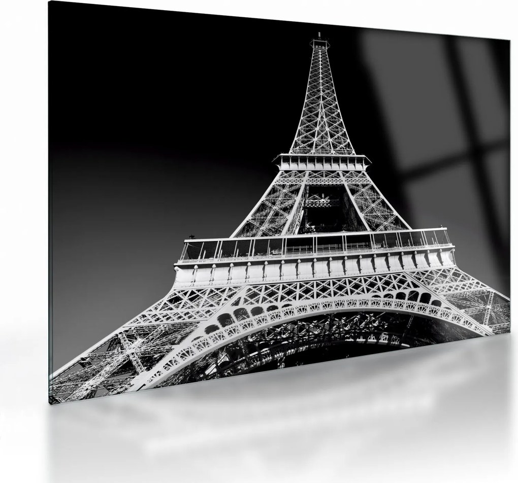 Üveg kép - Eiffel-torony, fekete-fehér (70x50 cm)