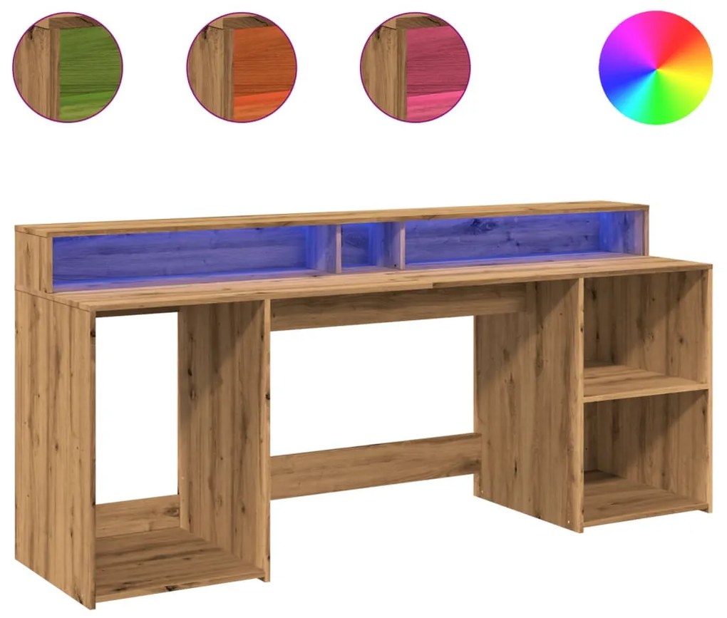 kézműves tölgy színű szerelt fa LED-es íróasztal 200x55x91 cm