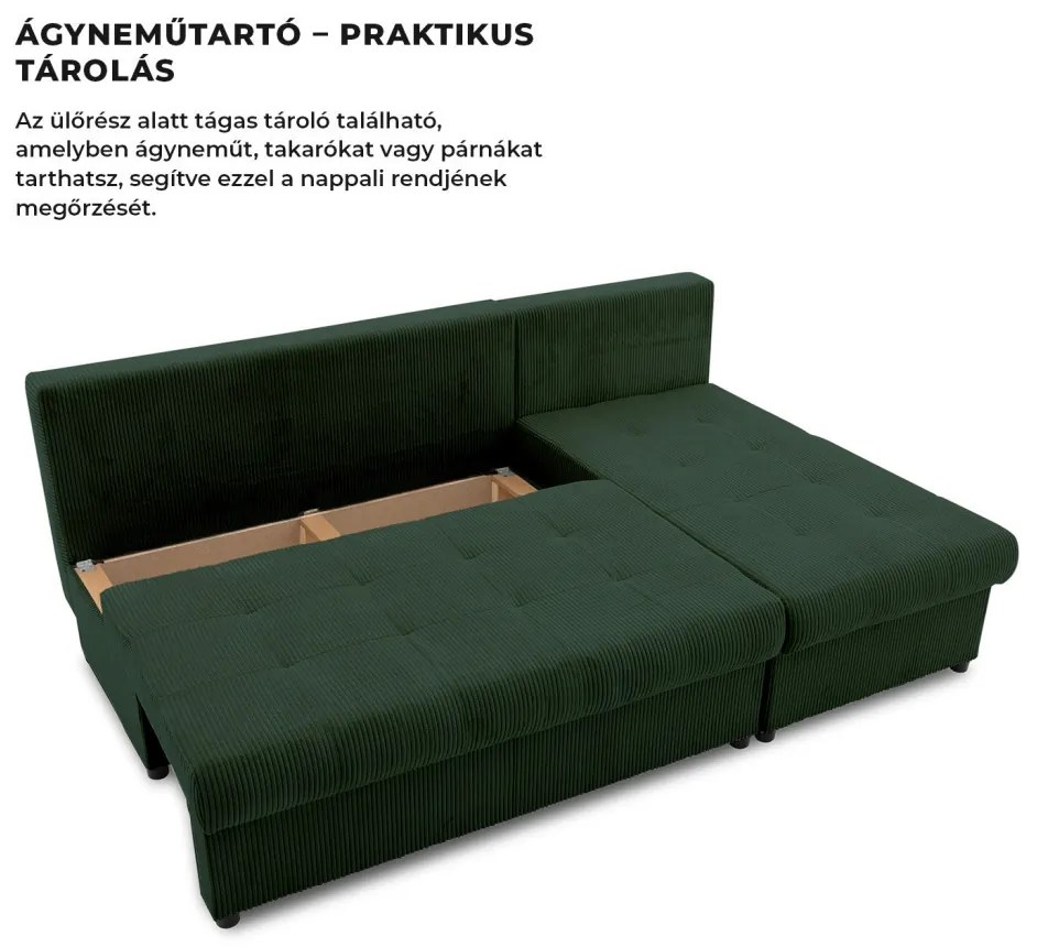 Venezia sarokkanapé, kordbársony, univerzális oldal, bonell töltet, zöld