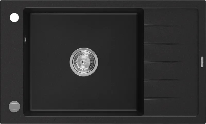 Mexen Elias gránit mosogató 1-medencés csepegtetővel 795 x 480 mm, fekete, króm szifon - 6511791005-77