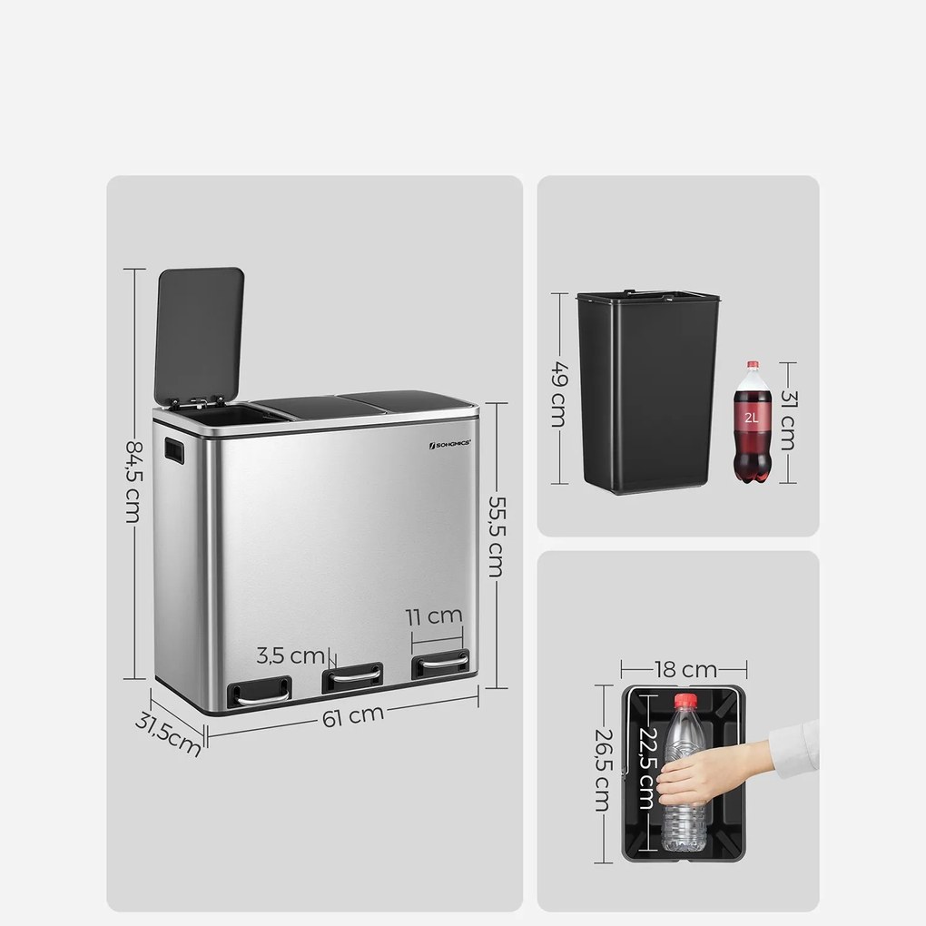 SongmicsHome SORT hulladékgyűjtő tartály 54 l (3x18 l), rozsdamentes acél