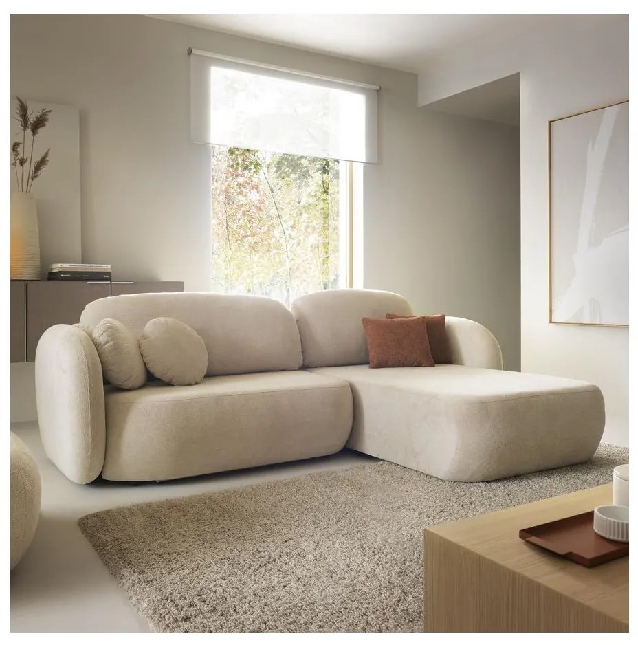 OLBIA jobbos, L-alakú, kihúzható sarokkanapé tárolóval, bézs