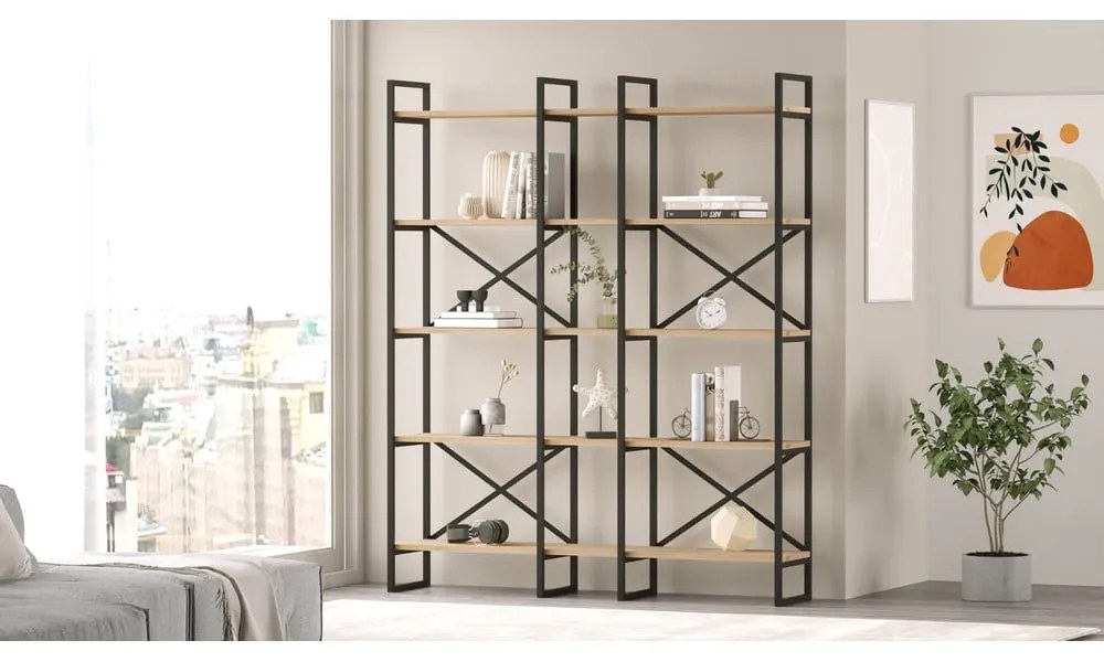 Fekete-natúr színű polcos állvány tölgyfa dekorral 144x175 cm Dusan – Marckeric