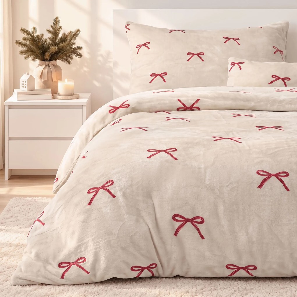 Goldea mikroplüss ágyneműhuzat deluxe - masnik bézs alapon 220 x 200 és 2db 70 x 90 cm
