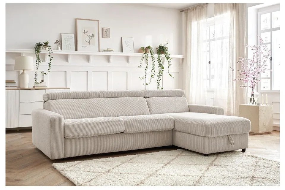 Krémszínű kordbársony kinyitható sarokkanapé (variálható) Monaco – Bobochic Paris
