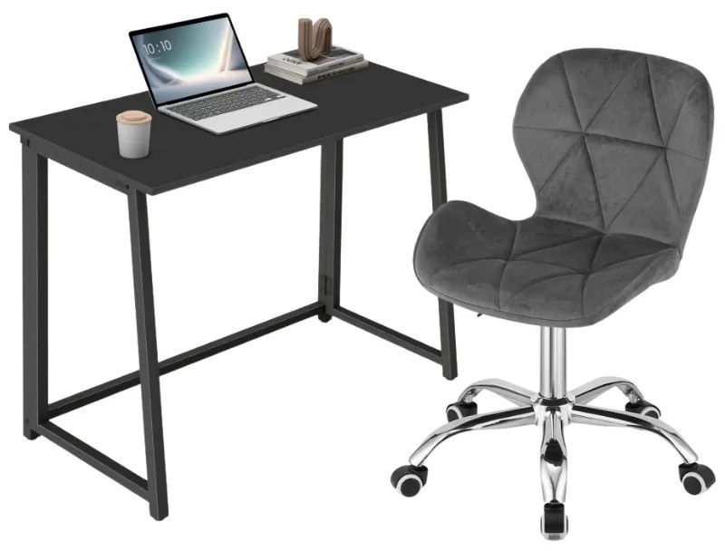 Dolgozószobai szett – összecsukható íróasztal ZARIMO 80×40 cm fekete + irodai szék AVOLA VELVET szürke