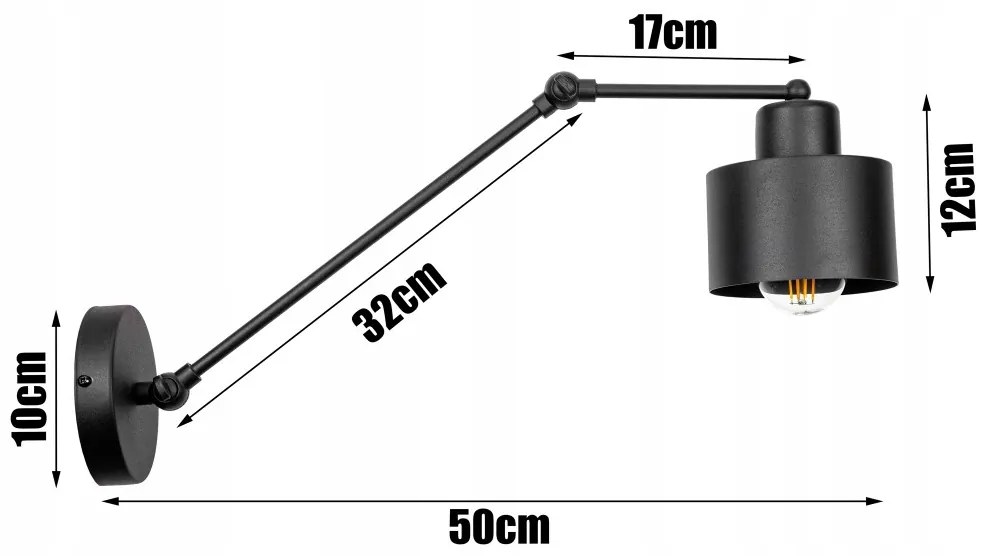 Glimex LAVOR hosszú karos állítható fekete fali lámpa 1x E27 + ajándék LED izzó